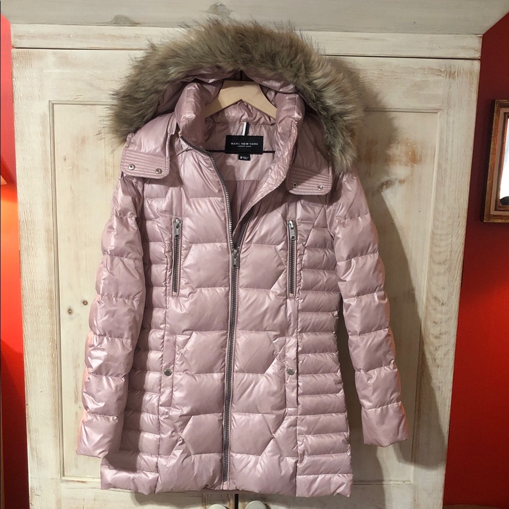 Preowned - Marc New York Blush Puffer Coat with Faux Fur Hood. Gently used